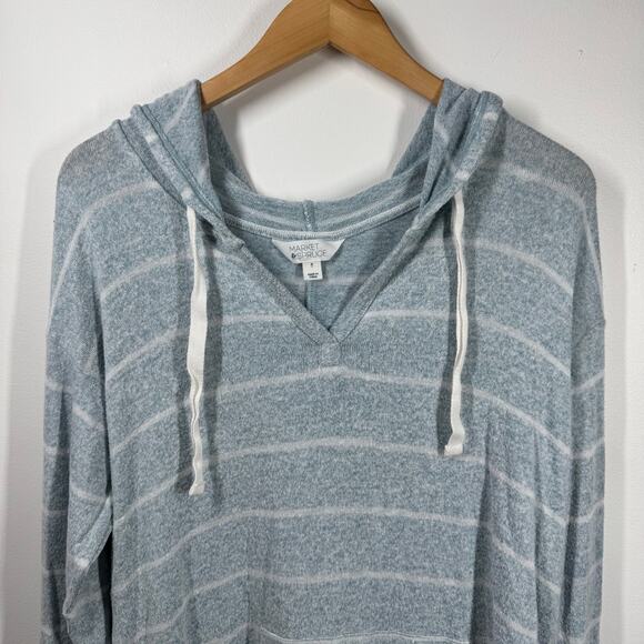 Market & Spruce Top Women M Blue White Stripe Light Weight Beach Coastal Hood - Picture 2 of 7